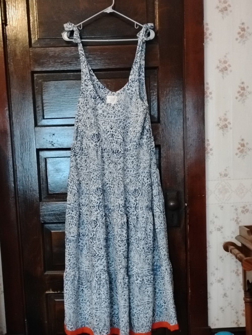 Francesca's Collections Blue and White Printed Maxi Dress with Orange Hem
